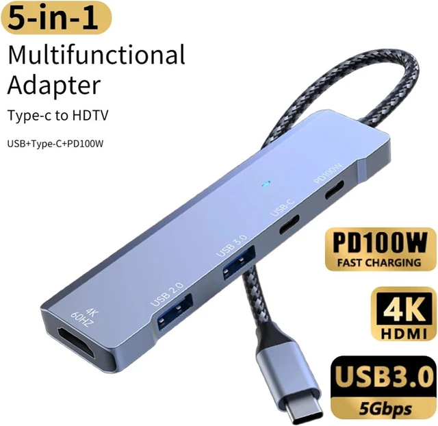 Alt view image 2 of 4 - 5 Ports Type-C Hub to 4K 60Hz 5Gbps Hub USB HDTV Type C to USB 3.0 PD 100W Adapter for PC Accessories USB Hub