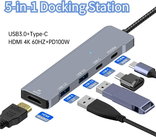 Alt view image 3 of 4 - 5 Ports Type-C Hub to 4K 60Hz 5Gbps Hub USB HDTV Type C to USB 3.0 PD 100W Adapter for PC Accessories USB Hub