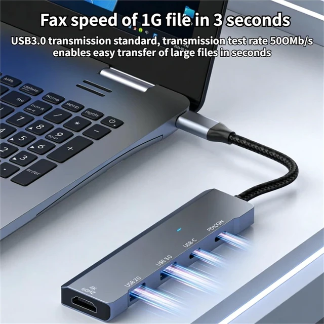 Alt view image 4 of 4 - 5 Ports Type-C Hub to 4K 60Hz 5Gbps Hub USB HDTV Type C to USB 3.0 PD 100W Adapter for PC Accessories USB Hub