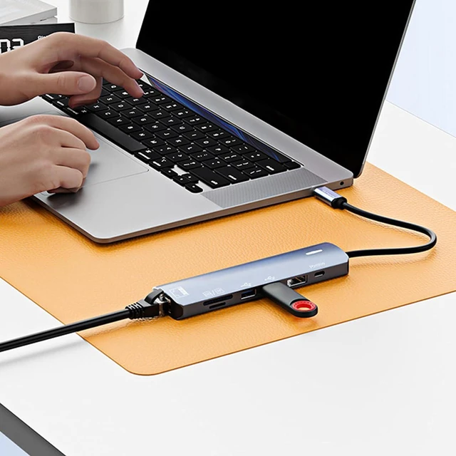 Alt view image 3 of 7 - Multifunction USB Type C Device UHD Visual Output 100W Charging RJ45 Card Access Workstation Aluminum USB C Center
