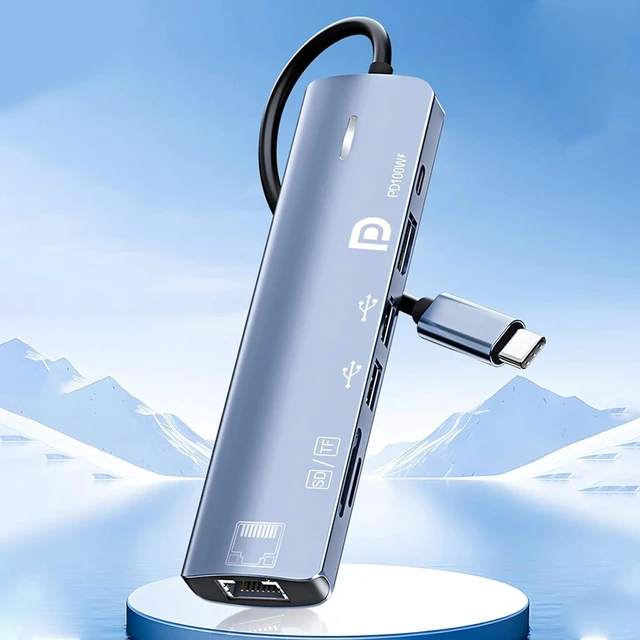 Alt view image 4 of 7 - Multifunction USB Type C Device UHD Visual Output 100W Charging RJ45 Card Access Workstation Aluminum USB C Center