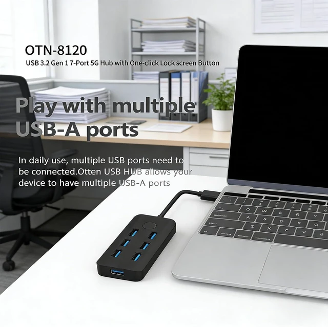 Alt view image 6 of 7 - Portable USB3.0 Splitter Adapter Featuring Button Technology for 7 Devices Fast 5Gbps Speed USB/Ethernet Rapid USB Dock