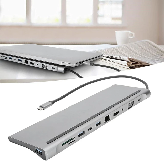 Alt view image 6 of 7 - USB Type C Hub Docking Station 11 in 1 Multiport Adapter USB 3.0 HDMI VGA RJ45 Ethernet SD TF Card Reader PD Charging 0.3cm Audio Expansion Base for