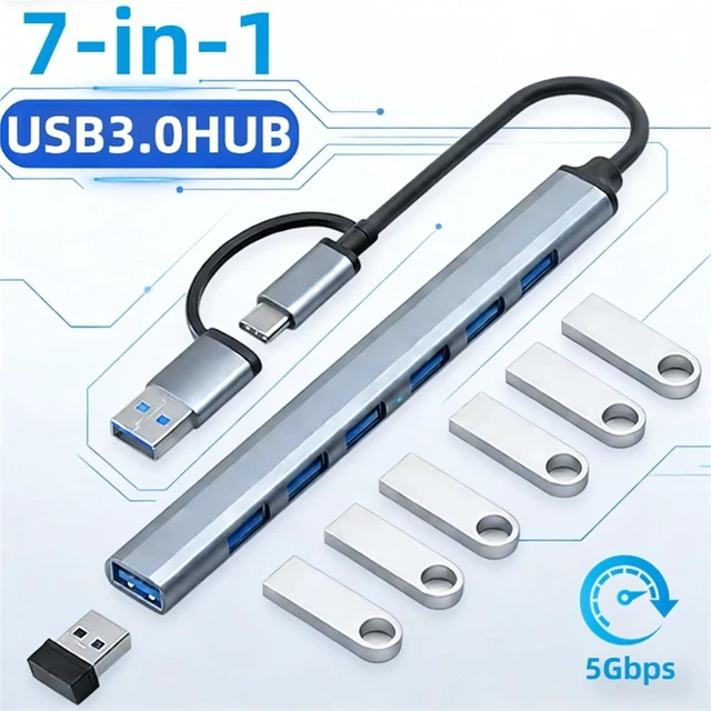 Alt view image 2 of 7 - USB HUB USB 3.0 HUB USB 2.0 HUB USB C HUB Type C HUB Multi Splitter High Speed 5Gbps for PC Computer Multiport USB A HUB Port(USB-7Ports)