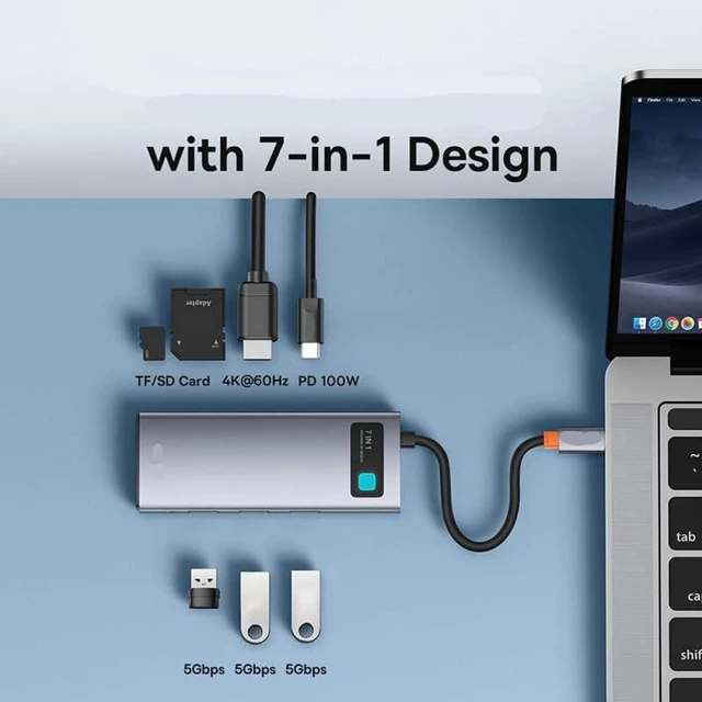 Alt view image 3 of 3 - USB C Hub Compatible with M2 M1 Steam Deck 7 in 1 Gen 2 4K@60Hz HDMI 3 USB 3 0 PD 100W Type C Port SD TF Card Reader