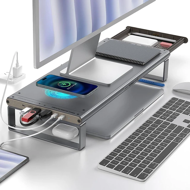 Alt view image 4 of 7 - Modern Workstation Dock with 6 in 1 USB Hub and Ergonomic Screen Height Feature Double Monitor Stand with Hub