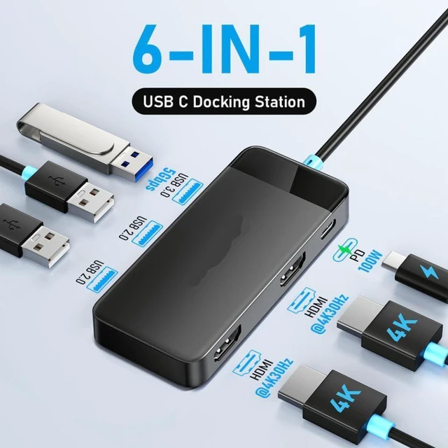 Alt view image 2 of 3 - USB C Hub Compatible with M2 M1 Steam Deck Dual HDMI 4K Docking Station USB 3.0 PD 100W Type C Port