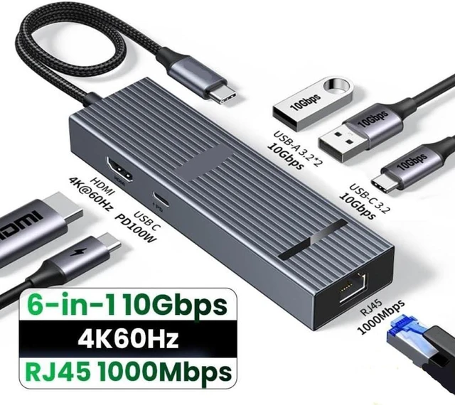 Alt view image 2 of 3 - USB C Hub Compatible with Laptop 6 in 1 Gigabit Ethernet Adapter 4K60Hz HDMI PD100W 10Gbps USB A C 3.2 Data Ports