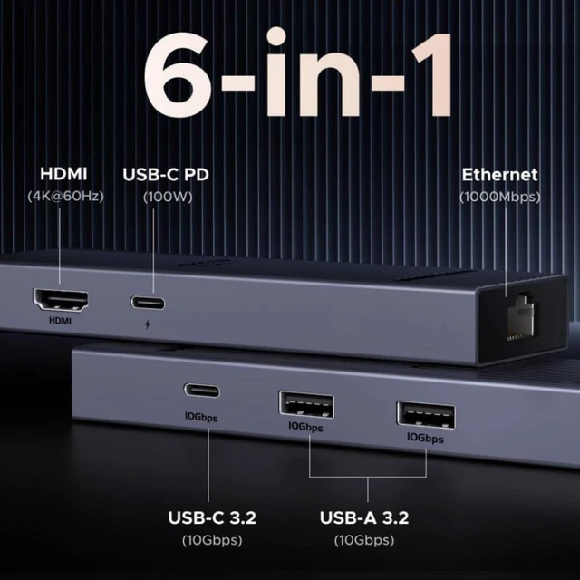 Alt view image 3 of 3 - USB C Hub Compatible with Laptop 6 in 1 Gigabit Ethernet Adapter 4K60Hz HDMI PD100W 10Gbps USB A C 3.2 Data Ports