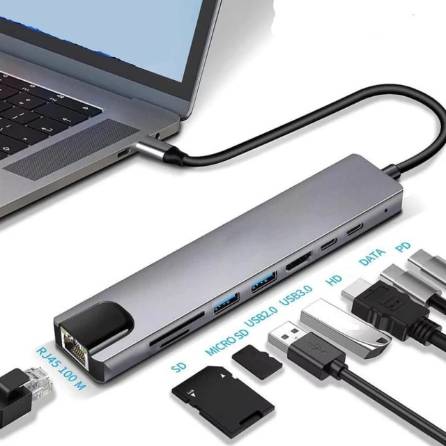 Alt view image 2 of 4 - USB C Hub Type C to 4K HDTV Adapter with RJ45 SD TF Card Reader Fast Charger Compatible with Notebook Laptop Computer