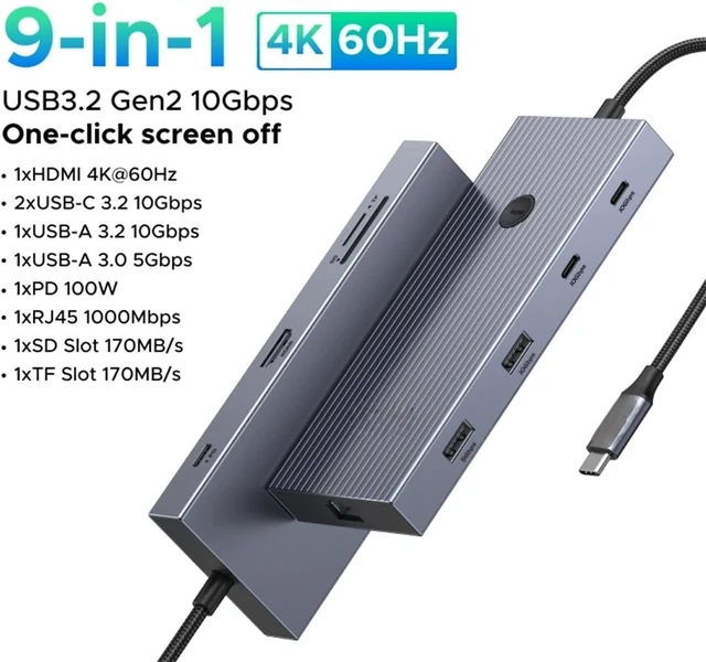 Alt view image 2 of 7 - USB hub 4K120Hz DP Type-C to 4K60Hz 2xHDMI SD/TF RJ45 3.5mm USB3.2 Gen2 10Gbps Data Suitable for Most Brands Such as laptops(9-in-1 HDMI)