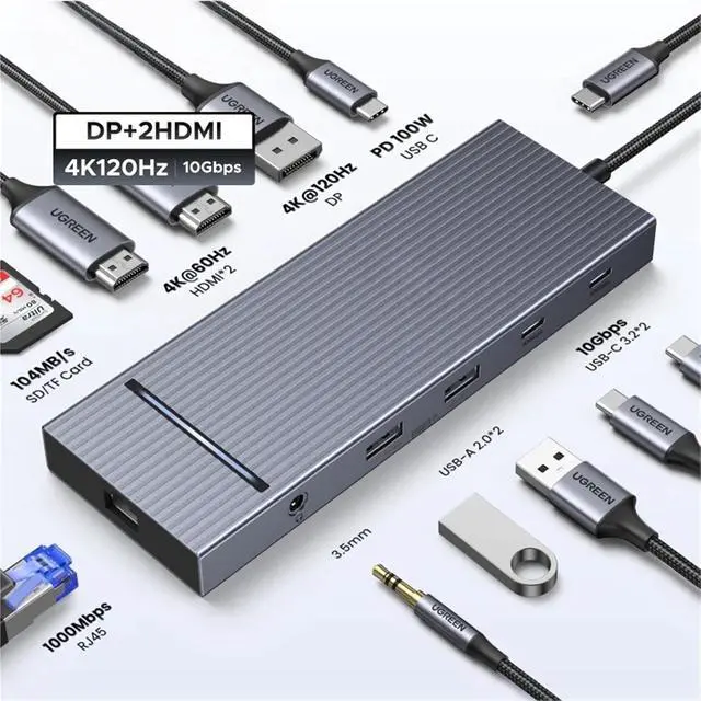 Alt view image 3 of 7 - USB hub 4K120Hz DP Type-C to 4K60Hz 2xHDMI SD/TF RJ45 3.5mm USB3.2 Gen2 10Gbps Data Suitable for Most Brands Such as laptops(10-in-1 2HDMI)