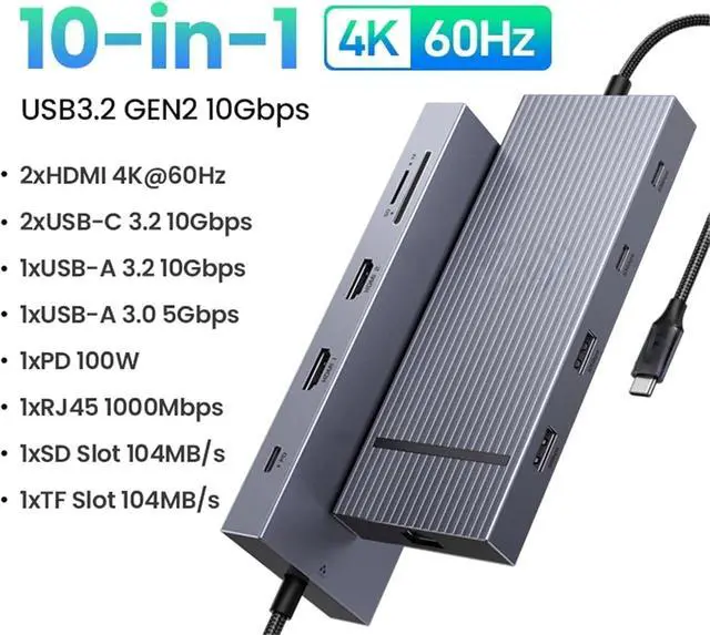 Alt view image 2 of 7 - USB hub 4K120Hz DP Type-C to 4K60Hz 2xHDMI SD/TF RJ45 3.5mm USB3.2 Gen2 10Gbps Data Suitable for Most Brands Such as laptops(10-in-1 2HDMI)