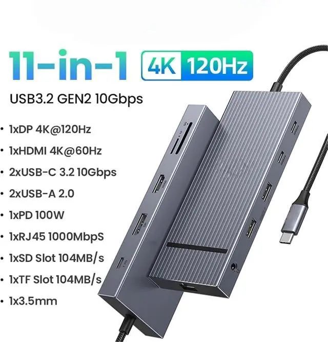 Alt view image 2 of 7 - USB hub 4K120Hz DP Type-C to 4K60Hz 2xHDMI SD/TF RJ45 3.5mm USB3.2 Gen2 10Gbps Data Suitable for Most Brands Such as laptops(11-in-1 1HDMI 1DP)