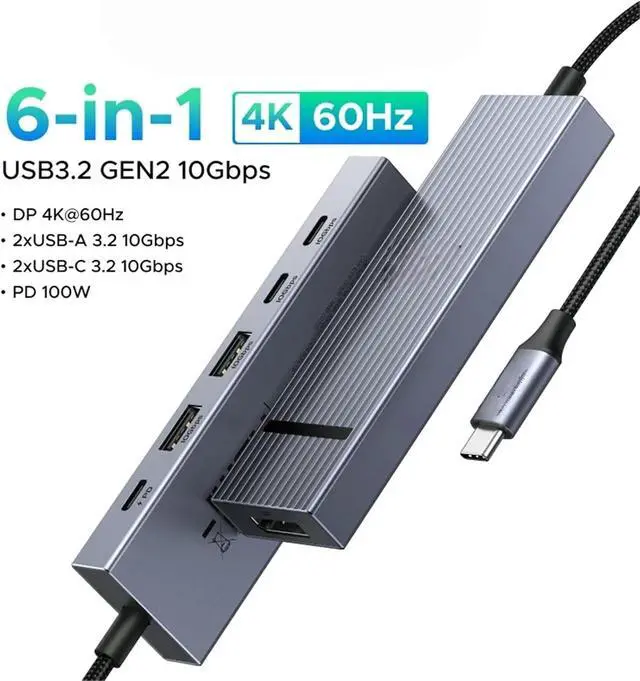 Alt view image 2 of 7 - USB hub 4K120Hz DP Type-C to 4K60Hz 2xHDMI SD/TF RJ45 3.5mm USB3.2 Gen2 10Gbps Data Suitable for Most Brands Such as laptops(6-in-1 DisplayPort)