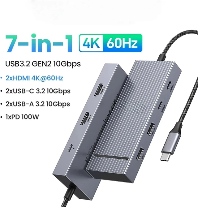 Alt view image 2 of 7 - USB hub 4K120Hz DP Type-C to 4K60Hz 2xHDMI SD/TF RJ45 3.5mm USB3.2 Gen2 10Gbps Data Suitable for Most Brands Such as laptops(7-in-1 2HDMI)