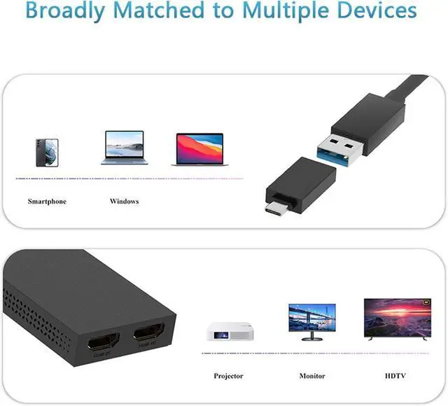 Alt view image 5 of 7 - CUIFATI USB C to Dual HD Adapter, USB 3.0 Splitter Supports 4K 2K Extended Display with Hybrid Cable for 3 4 USB4, for PC Laptop Workstation