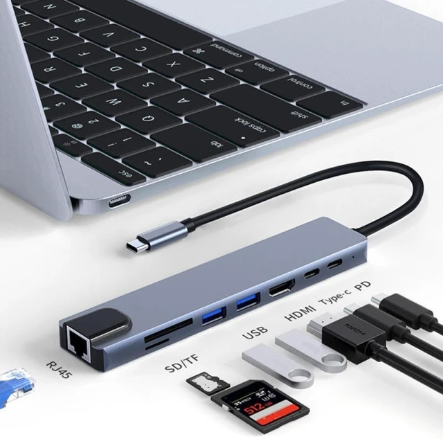 Alt view image 3 of 4 - 8 in 1 Type-C Hub Adapter with HDMI RJ45 USB 2.0 USB 3.0 SD Card Reader TF Card Reader PD 100W Support