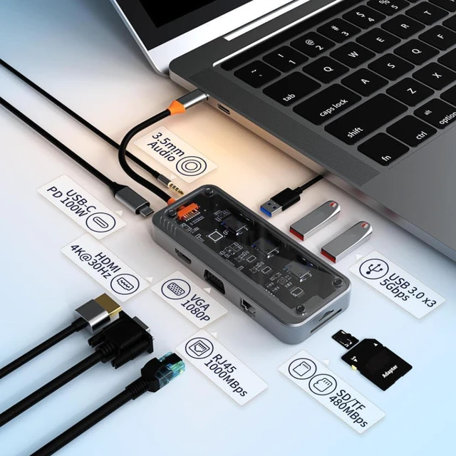 Alt view image 3 of 4 - USB C Hub 10 in 1 Docking Station Type-C to PD HD USB3.0 X 3 SD TF Ethernet RJ45 1000M VGA Audio 3.5mm Compatible with M1 M2