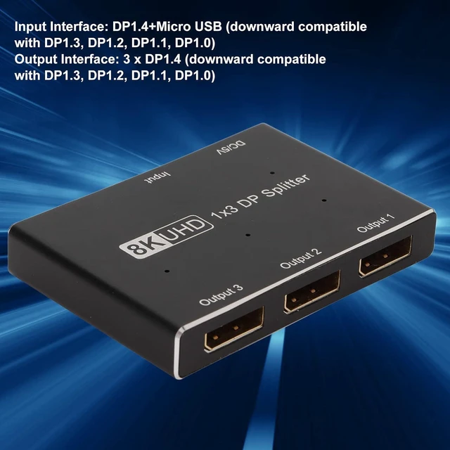 Alt view image 7 of 7 - 1x3 DisplayPort Splitter DP 1.4 MST SST Hub, Triple DisplayPort Splitter for Android iOS Systems, Supports 8K 30Hz 4K 144Hz Ultra HD with Micro USB Power