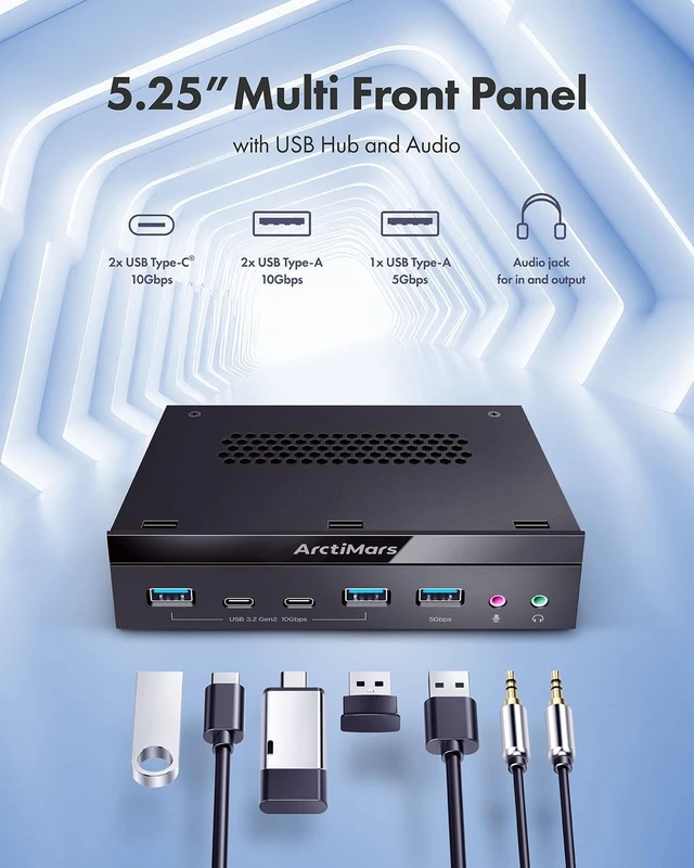 Alt view image 5 of 7 - 5.25" Front Panel USB 3.2 Gen 2 Hub - 2X 10G USB-C, 2X 10G USB-A, 1x USB3.0 Type-A, Audio & Mic Jack Micro SD and SD (2X10Gb USB-C 2X10GbUSB-A 1X5Gb USB-A Audio&MicJack-35702)