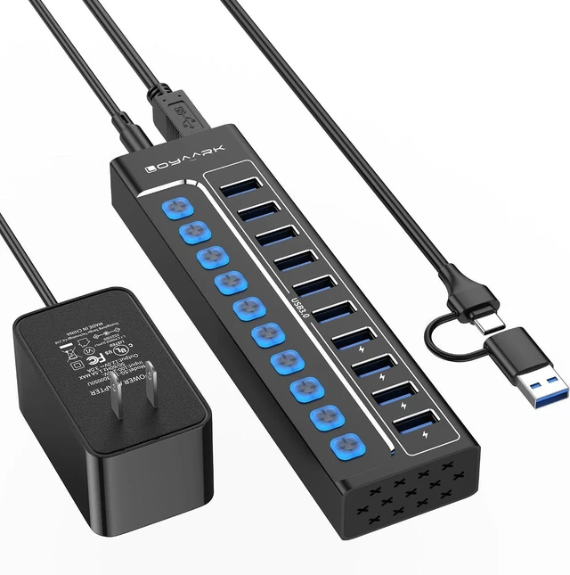 Main image of Powered USB Hub for PC, Laptop, Mac - 10 Ports High Speed Data Transfer Hub with AC Adapter, USB 3.0 Hub with Individual Switches & LED Indicators