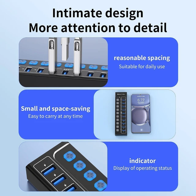 Alt view image 5 of 7 - Powered USB Hub for PC, Laptop, Mac - 10 Ports High Speed Data Transfer Hub with AC Adapter, USB 3.0 Hub with Individual Switches & LED Indicators