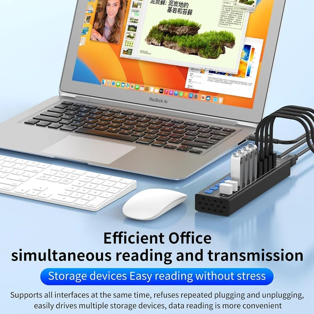 Alt view image 3 of 7 - Powered USB Hub for PC, Laptop, Mac - 10 Ports High Speed Data Transfer Hub with AC Adapter, USB 3.0 Hub with Individual Switches & LED Indicators