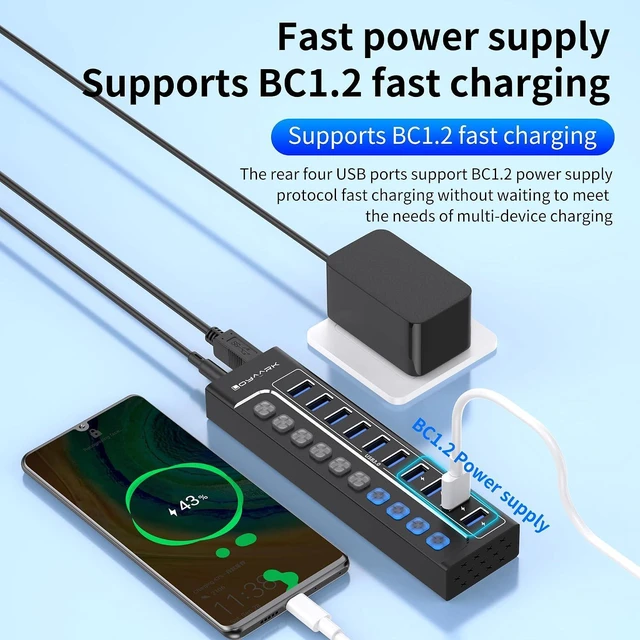Alt view image 4 of 7 - Powered USB Hub for PC, Laptop, Mac - 10 Ports High Speed Data Transfer Hub with AC Adapter, USB 3.0 Hub with Individual Switches & LED Indicators