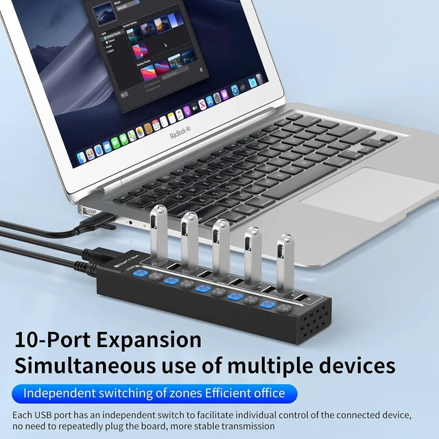 Alt view image 6 of 7 - Powered USB Hub for PC, Laptop, Mac - 10 Ports High Speed Data Transfer Hub with AC Adapter, USB 3.0 Hub with Individual Switches & LED Indicators