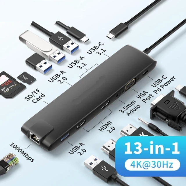 Alt view image 4 of 4 - USB Hub Dock Station USB 3.1 USBC to Dual HDMI 4K 10Gbps Type-C Adapter VGA USBC 3.1 Gigabit Ethernet Compatible with