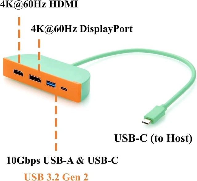 Alt view image 2 of 7 - 4-in-1 Portable USB C Hub, Multiport Adapter with Dual Monitor 4K@60Hz HDMI DisplayPort, 10Gbps USB-C and USB-A Data Ports, for Laptop, macOS, Windows, Linux (0.3M)