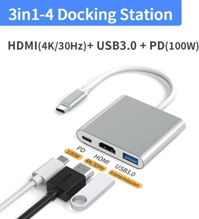Alt view image 2 of 3 - USB C Hub Compatible with 2023 2016 Pro Air Deck Stable Driver Adapter 3 in 1 100W Power Delivery USB 3 0 4K HDMI
