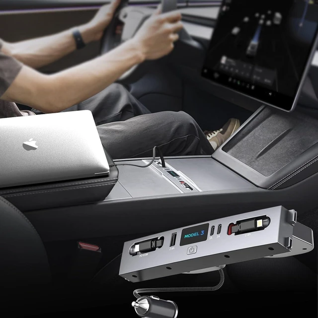 Main image of Max 127W USB Hub for Tesla New Model 3 (Highland) 2025/2024, Super Fast Charger Up 65W for Laptop, iPhone 16/15 and More, 2-Retractable Cable & 3-Port Docking Station