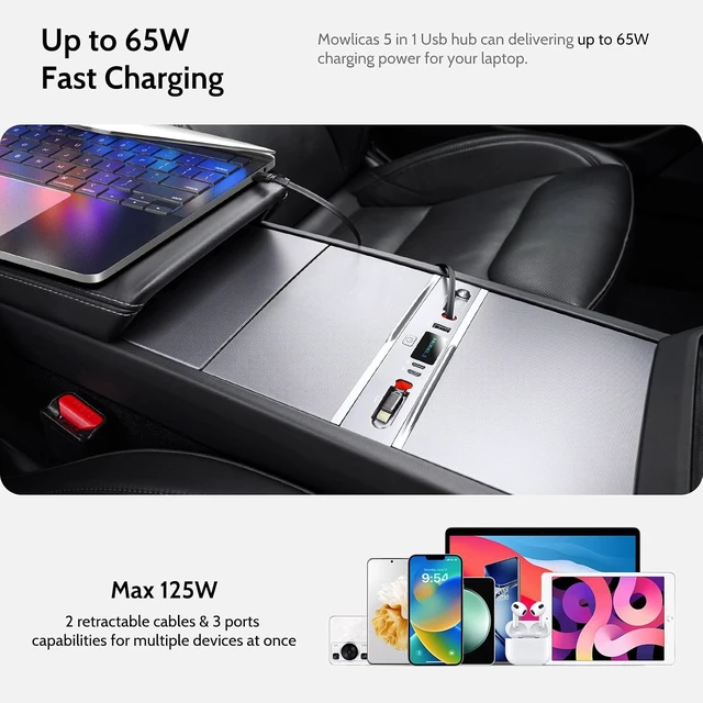 Alt view image 2 of 7 - Max 127W USB Hub for Tesla New Model 3 (Highland) 2025/2024, Super Fast Charger Up 65W for Laptop, iPhone 16/15 and More, 2-Retractable Cable & 3-Port Docking Station