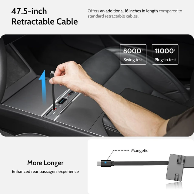 Alt view image 3 of 7 - Max 127W USB Hub for Tesla New Model 3 (Highland) 2025/2024, Super Fast Charger Up 65W for Laptop, iPhone 16/15 and More, 2-Retractable Cable & 3-Port Docking Station
