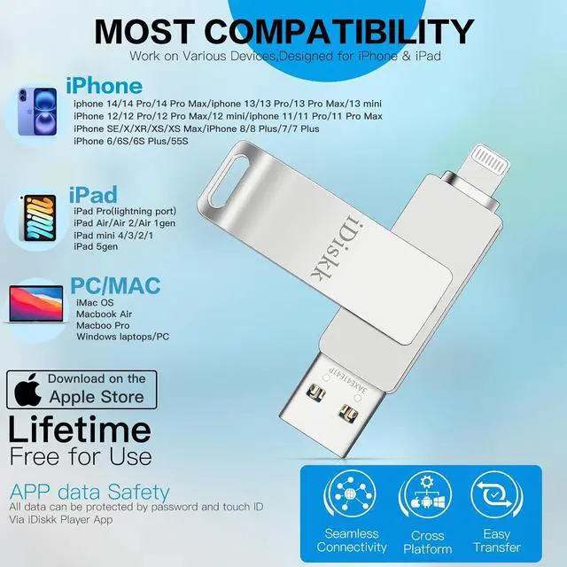 Alt view image 4 of 7 - iDiskk 1TB iPhone Photo Storage Stick MFi Certified Flash Drive Photo Stick for iPhone (14/13/12/12 pro/12 pro max/11/11 Pro/XR/X) Flashdrive for iPhone iPad MacBook/Laptops/PC for Photos Videos 1TB