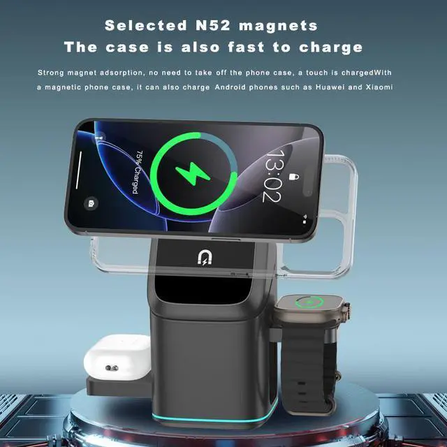 Alt view image 2 of 6 - 3-in-1 Charger - Fast Wireless Charging for iPhone 17-12, & Apple Watch. Features 15W Wireless Charging for Faster, More Efficient Power Delivery. Auto-Rotating Stand Supports Both Landscape and Port