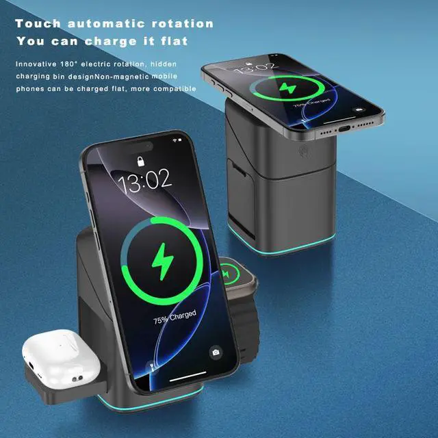 Main image of 3-in-1 Charger - Fast Wireless Charging for iPhone 17-12, & Apple Watch. Features 15W Wireless Charging for Faster, More Efficient Power Delivery. Auto-Rotating Stand Supports Both Landscape and Port