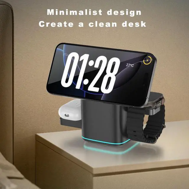 Alt view image 4 of 6 - 3-in-1 Charger - Fast Wireless Charging for iPhone 17-12, & Apple Watch. Features 15W Wireless Charging for Faster, More Efficient Power Delivery. Auto-Rotating Stand Supports Both Landscape and Port