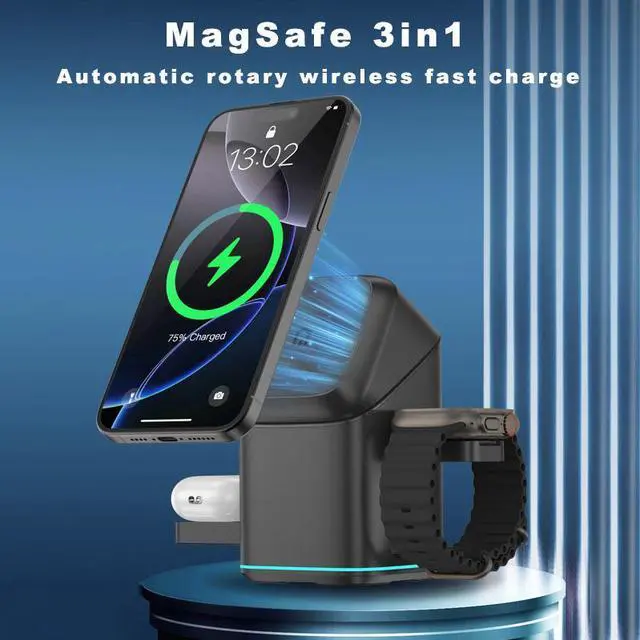Alt view image 5 of 6 - 3-in-1 Charger - Fast Wireless Charging for iPhone 17-12, & Apple Watch. Features 15W Wireless Charging for Faster, More Efficient Power Delivery. Auto-Rotating Stand Supports Both Landscape and Port