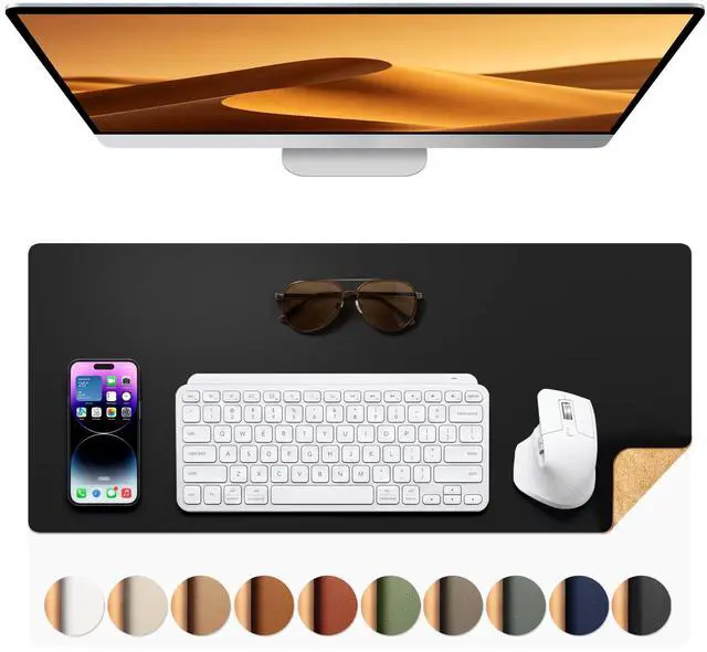 Main image of Dual-Sided Desk Pad - 25.6x13.7 inches Leather Desk Mat, Natural Cork Desk Pad Protector, Large Mouse Pad for Desk, Waterproof Desk Blotter Pad, Desk Writing Pad for Office Work/Home, Black