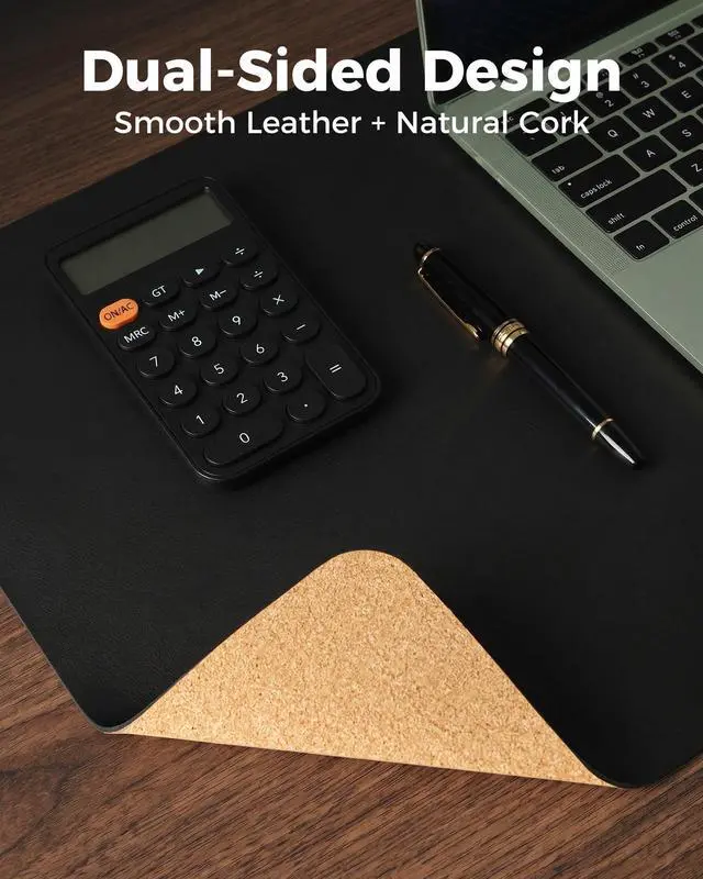 Alt view image 2 of 7 - Dual-Sided Desk Pad - 25.6x13.7 inches Leather Desk Mat, Natural Cork Desk Pad Protector, Large Mouse Pad for Desk, Waterproof Desk Blotter Pad, Desk Writing Pad for Office Work/Home, Black