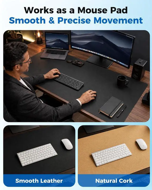 Alt view image 3 of 7 - Dual-Sided Desk Pad - 25.6x13.7 inches Leather Desk Mat, Natural Cork Desk Pad Protector, Large Mouse Pad for Desk, Waterproof Desk Blotter Pad, Desk Writing Pad for Office Work/Home, Black