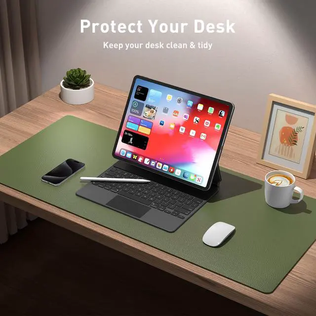 Alt view image 3 of 7 - Desk Protector Mat, Mouse Pad, Non-Slip Waterproof PU Leather Desk Blotter, Laptop, Writing for Office and Home (23.6" x 13.7", Olive Green)