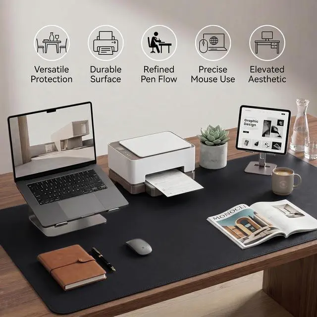 Alt view image 5 of 7 - Large Desk Pad Non-Slip Desk Mat Protector for Keyboard Mouse Waterproof Vegan Leather Surface Faux Leather Laptop Mat Smooth Mouse Pad Premium Gift Tube Obsidian Black 23.6" x 13.7"