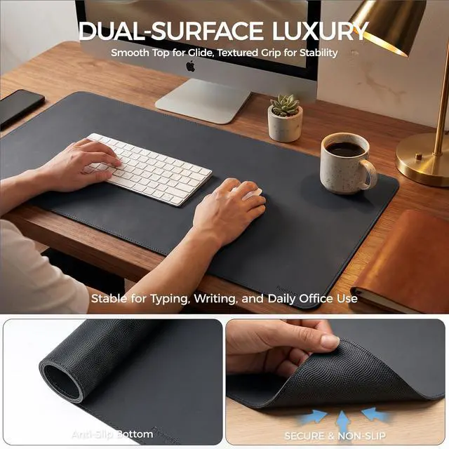 Alt view image 7 of 7 - Large Desk Pad Non-Slip Desk Mat Protector for Keyboard Mouse Waterproof Vegan Leather Surface Faux Leather Laptop Mat Smooth Mouse Pad Premium Gift Tube Obsidian Black 23.6" x 13.7"