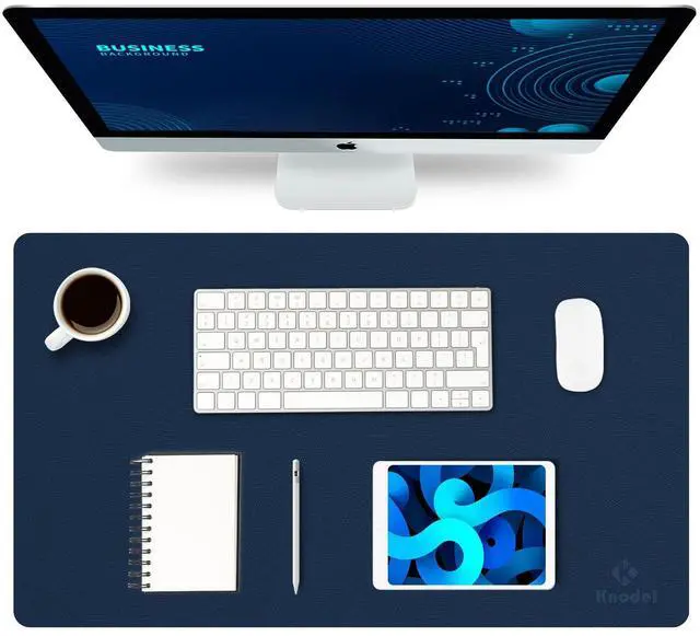 Main image of Small Office Desk Mat, Leather Mouse Pad (23.6"x13.8", Dark Blue)