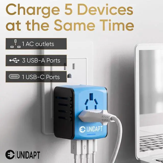 Alt view image 2 of 7 - Universal Travel Adapter, International Plug Adapter Fast 2,4A 4-USB European Power Plug, AC Wall Charger - Worldwide Outlet for Europe US USA UK EU AUS, Blue