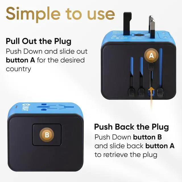 Alt view image 4 of 7 - Universal Travel Adapter, International Plug Adapter Fast 2,4A 4-USB European Power Plug, AC Wall Charger - Worldwide Outlet for Europe US USA UK EU AUS, Blue